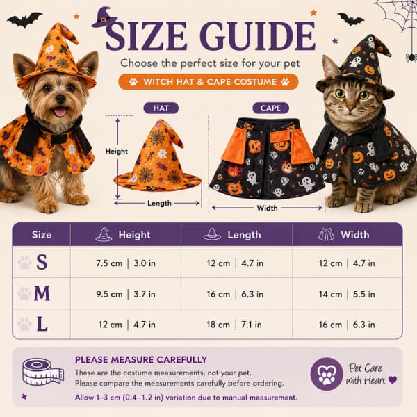 Halloween witch costume size guide for cats and small dogs