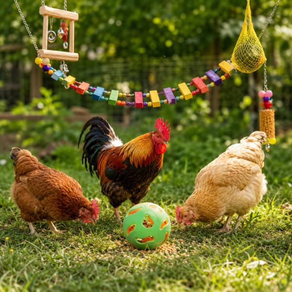 Happy Hen Bundle featuring chickens using an enrichment toy set and treat ball in a backyard chicken run to encourage natural foraging, play and activity.
