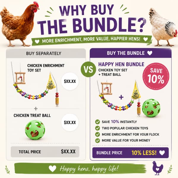 Comparison infographic showing the Happy Hen Bundle with chicken enrichment toy set and treat ball, highlighting savings, added value and enrichment benefits for backyard chickens.