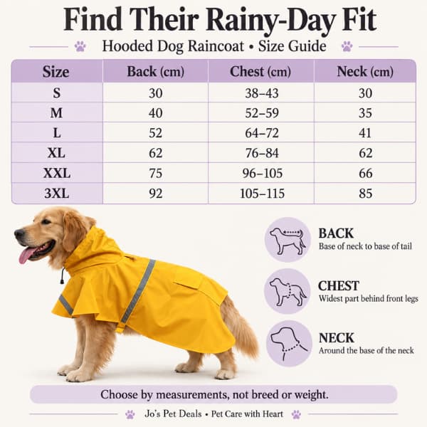 Size chart for S–3XL hooded dog raincoats, with a golden retriever wearing the yellow coat and guidance for measuring back, chest and neck.