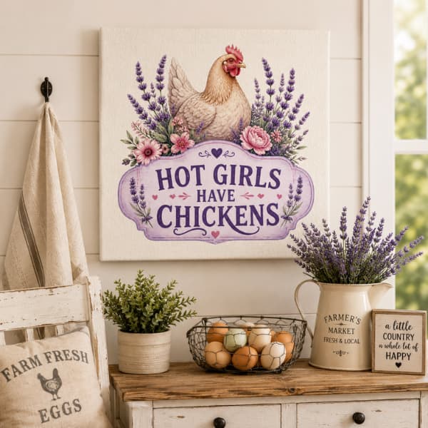 Lavender chicken canvas wall art featuring the phrase Hot Girls Have Chickens displayed in a farmhouse kitchen with fresh eggs and rustic country decor.