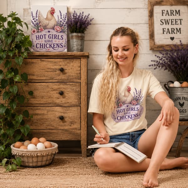 Farmhouse chicken lover t-shirt featuring the Hot Girls Have Chickens design styled in a rustic country home with fresh eggs and lavender decor.