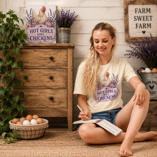 Farmhouse chicken lover t-shirt featuring the Hot Girls Have Chickens design styled in a rustic country home with fresh eggs and lavender decor.