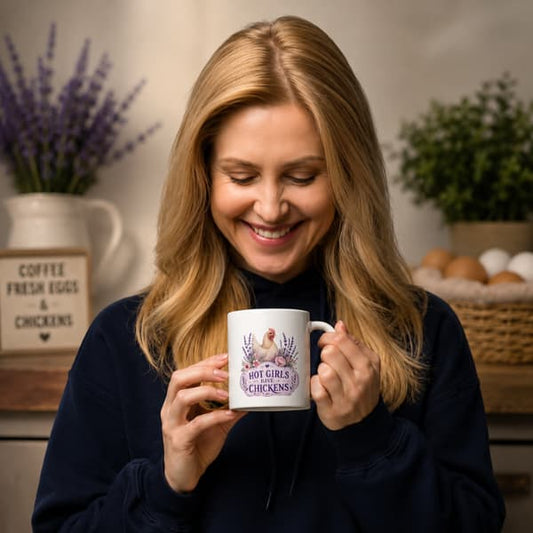 Hot Girls Have Chickens chicken lover mug displayed in a rustic farmhouse kitchen setting with lavender, fresh eggs and country decor.