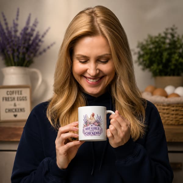 Hot Girls Have Chickens chicken lover mug displayed in a rustic farmhouse kitchen setting with lavender, fresh eggs and country decor.