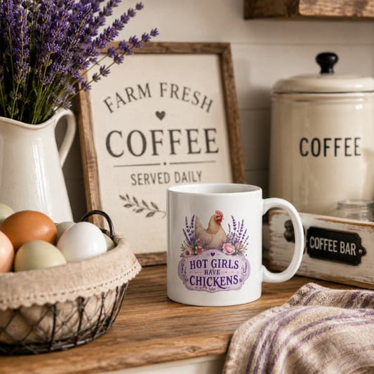 Farmhouse chicken lover mug featuring Hot Girls Have Chickens design displayed beside fresh eggs, lavender and rustic coffee station decor.