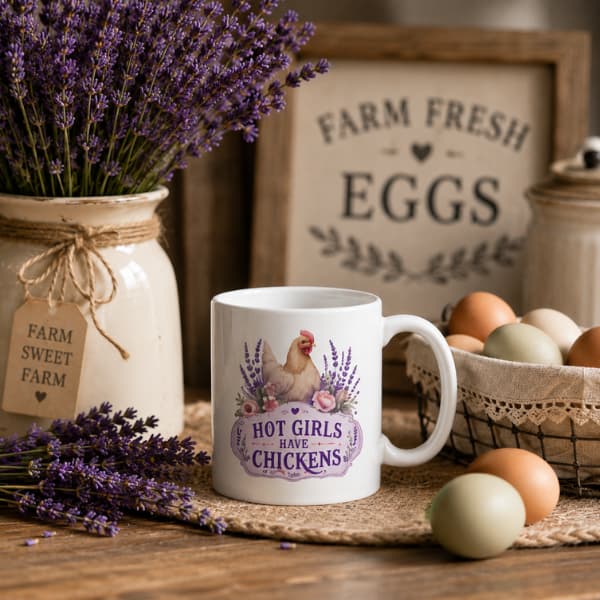 Farmhouse chicken lover mug featuring Hot Girls Have Chickens design surrounded by fresh eggs, lavender flowers and rustic country decor.