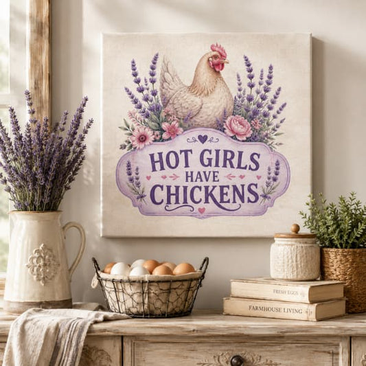 Hot Girls Have Chickens premium farmhouse canvas wall art displayed above a rustic console table with fresh eggs, lavender flowers, candles and country home decor.