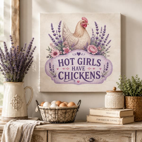 Hot Girls Have Chickens premium farmhouse canvas wall art displayed above a rustic console table with fresh eggs, lavender flowers, candles and country home decor.