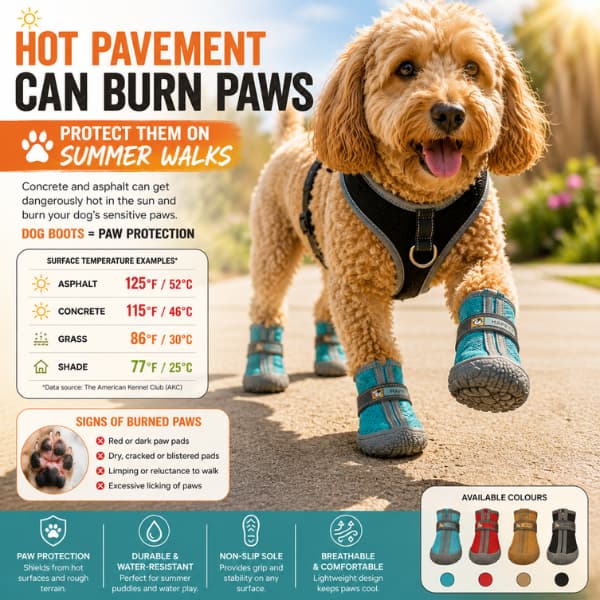 Dog wearing protective boots on hot pavement to prevent burned paws during summer walks
