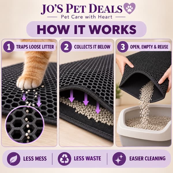 Three-step guide showing how the double-layer honeycomb cat litter mat traps, collects and empties loose litter