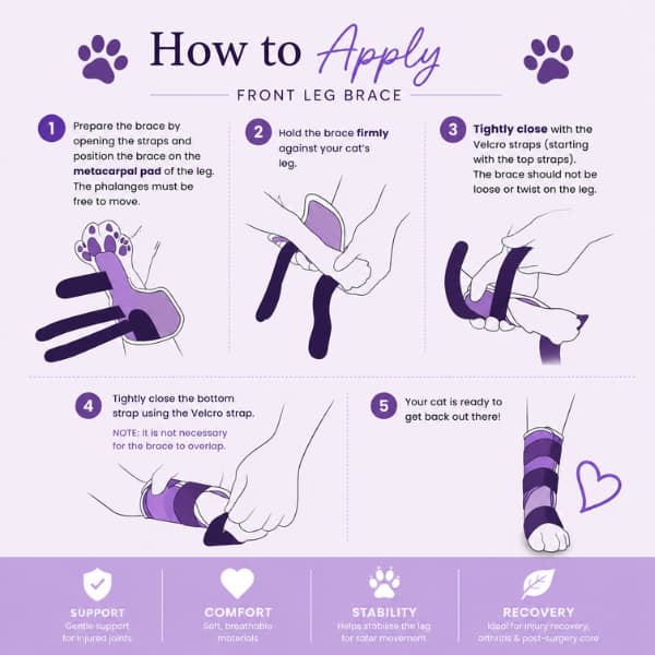 Step-by-step guide showing how to apply an adjustable cat front leg brace for injury recovery, joint support, and mobility assistance
