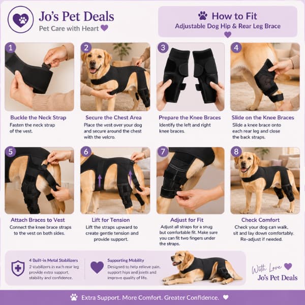 Step-by-step guide showing how to fit an adjustable dog hip and rear leg brace with dual hind leg support