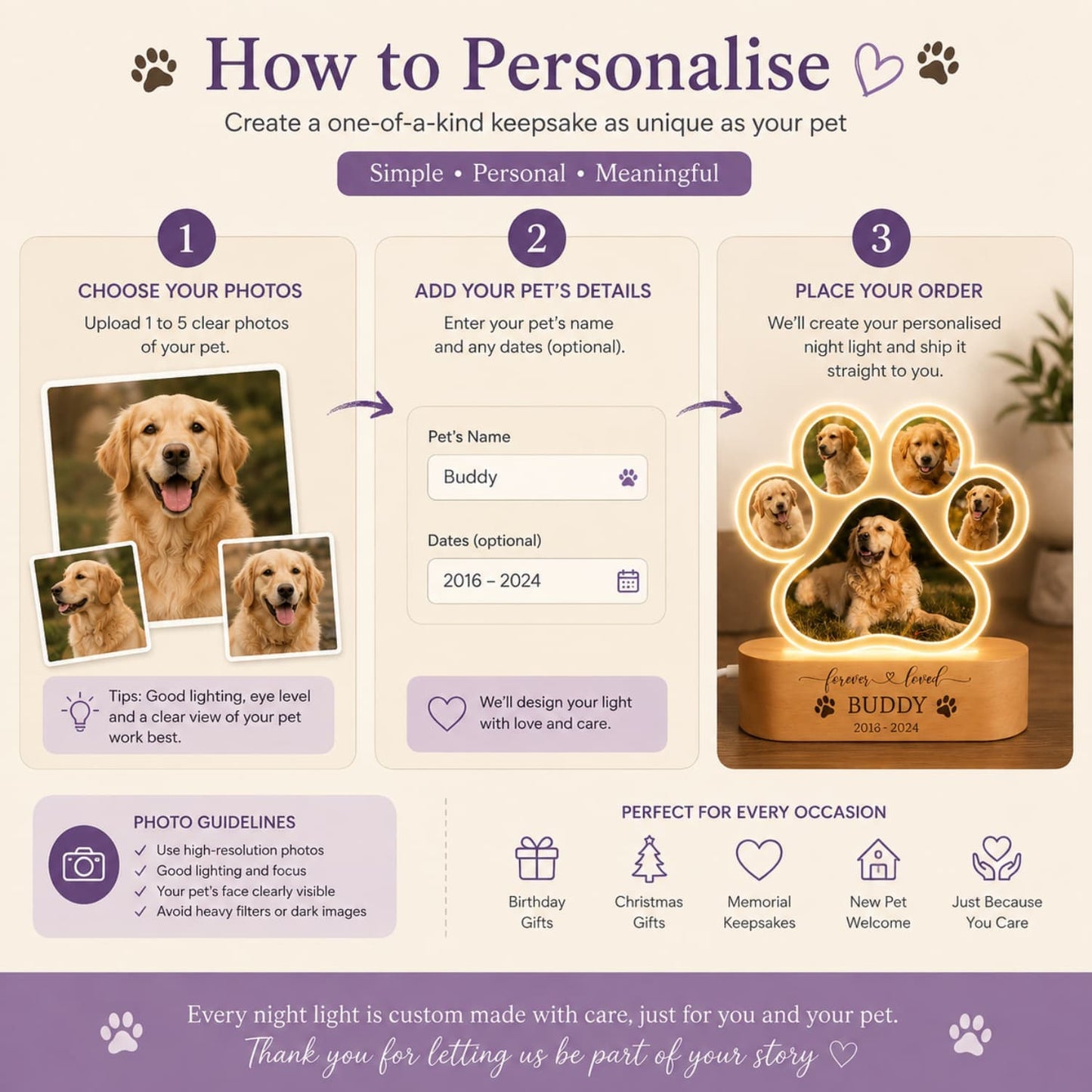 How to personalise a pet photo night light with photos, pet name and optional dates