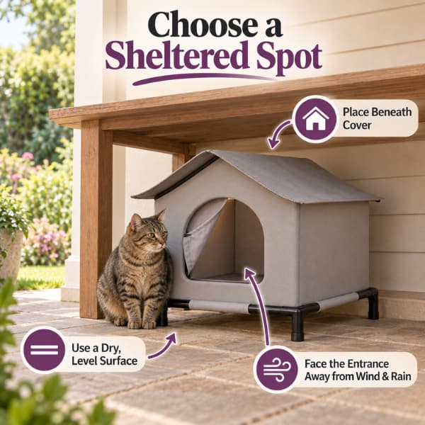 Raised outdoor cat shelter positioned beneath cover on a dry level surface away from wind and rain
