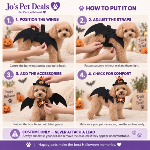 Four-step guide showing how to put on the Halloween bat costume for pets
