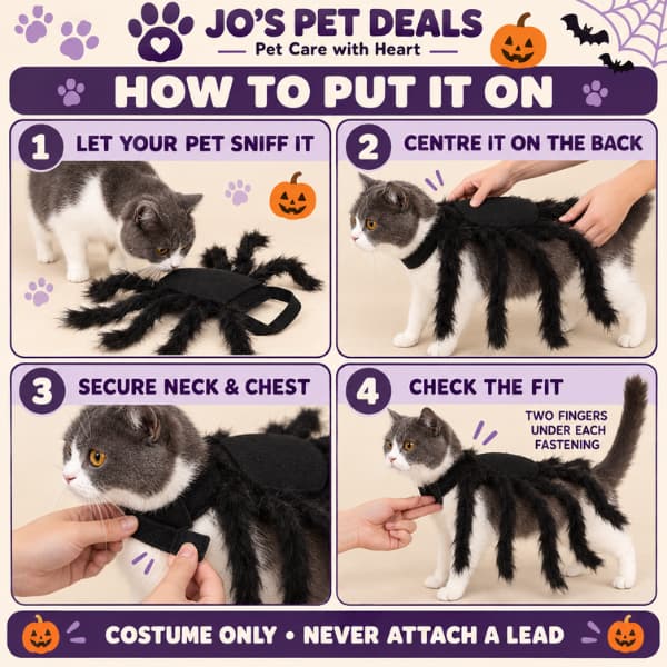 Four-step guide showing how to put the furry spider Halloween costume on a cat