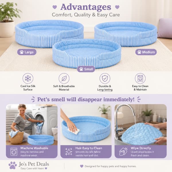 Infographic showing the Ice Silk Cooling Dog Bed in multiple sizes with machine washable removable cover, easy-clean surface and breathable cooling fabric for dogs.