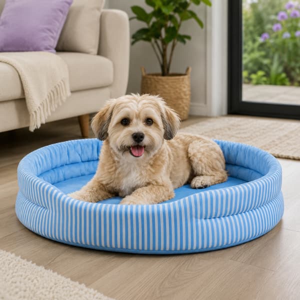 Small dog relaxing on a blue Ice Silk Cooling Dog Bed with supportive raised sides in a bright modern home, designed to help pets stay cool and comfortable during warm weather.