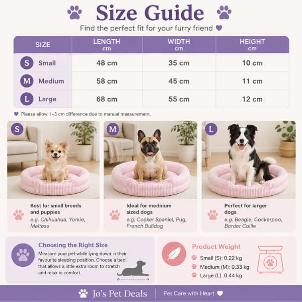Ice Silk Cooling Dog Bed size guide showing Small, Medium and Large dimensions with recommended dog breeds to help pet owners choose the correct bed size.
