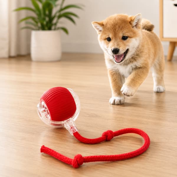 Rechargeable interactive rolling ball toy for dogs with rope tail encouraging indoor play and exercise