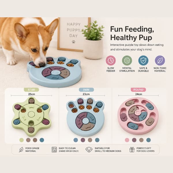 Collection of interactive dog puzzle feeders in star, paw, and round designs created to slow eating and provide mental stimulation for dogs