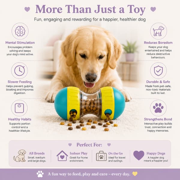 Benefits infographic showing an interactive dog treat dispenser toy promoting mental stimulation, slower feeding, boredom relief and healthy enrichment for dogs of all sizes.