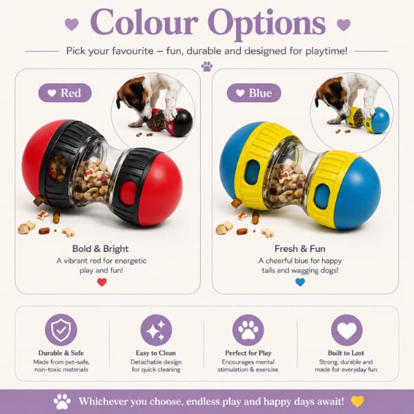 Colour options infographic showing the Interactive Dog Treat Dispenser Toy available in red and blue, designed for slower feeding, mental stimulation and interactive enrichment for dogs.