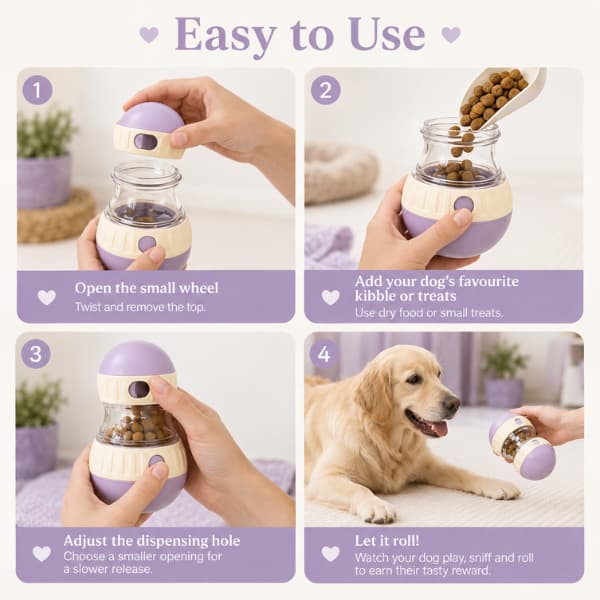 Step-by-step guide showing how to use an interactive dog treat dispenser toy by filling it with kibble or treats, adjusting the dispensing opening and encouraging dogs to roll the toy for mental stimulation and slower feeding.