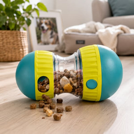 Interactive dog treat dispenser puzzle toy filled with dry kibble on a wooden floor in a modern living room, designed to encourage slower eating, mental stimulation and enrichment for dogs.