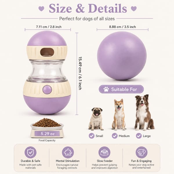 Size and details guide for an interactive dog treat dispenser puzzle toy, showing dimensions, food capacity and suitability for small, medium and large dogs while promoting slower feeding and mental stimulation.