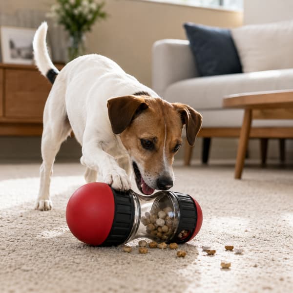 Jack Russell dog playing with an interactive treat dispenser toy indoors, encouraging mental stimulation, slower eating and active enrichment with dry kibble rewards.