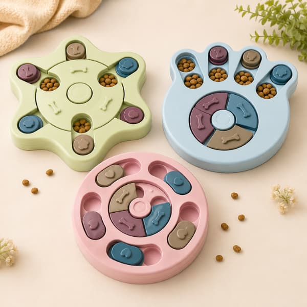 Collection of premium interactive puzzle feeders in star, paw, and round designs created to slow eating and provide mental stimulation for dogs