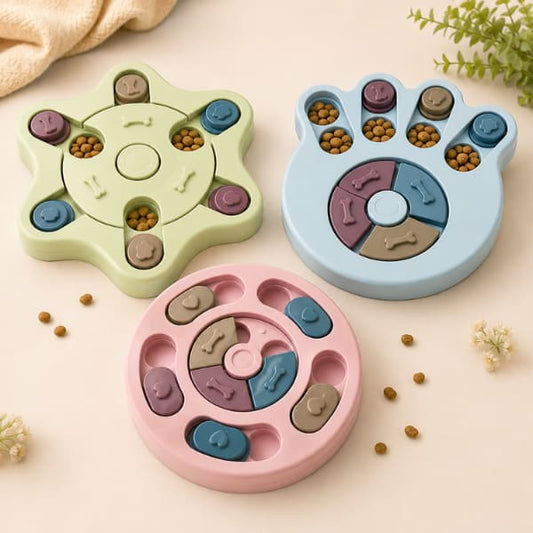 Collection of premium interactive puzzle feeders in star, paw, and round designs created to slow eating and provide mental stimulation for dogs