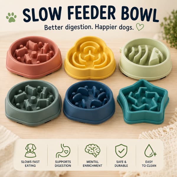 Colorful premium slow feeder bowls for dogs designed to help reduce fast eating, support digestion, and provide mental enrichment during mealtimes
