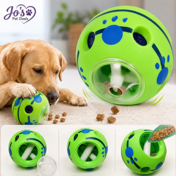 Interactive green treat dispensing dog ball toy designed for mental stimulation, slower feeding, and enrichment play for dogs