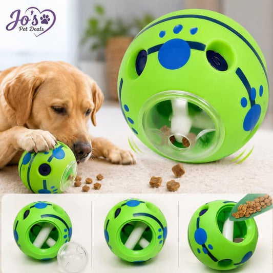 Interactive green treat dispensing dog ball toy designed for mental stimulation, slower feeding, and enrichment play for dogs