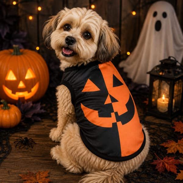 Small dog wearing black and orange jack-o-lantern Halloween pet vest
