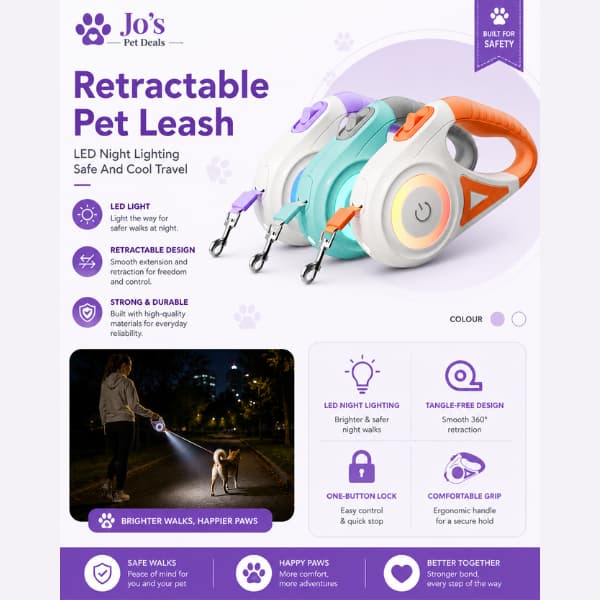 Jo’s Pet Deals promotional graphic for an LED retractable pet leash with night lighting, ergonomic grip, and tangle-free design