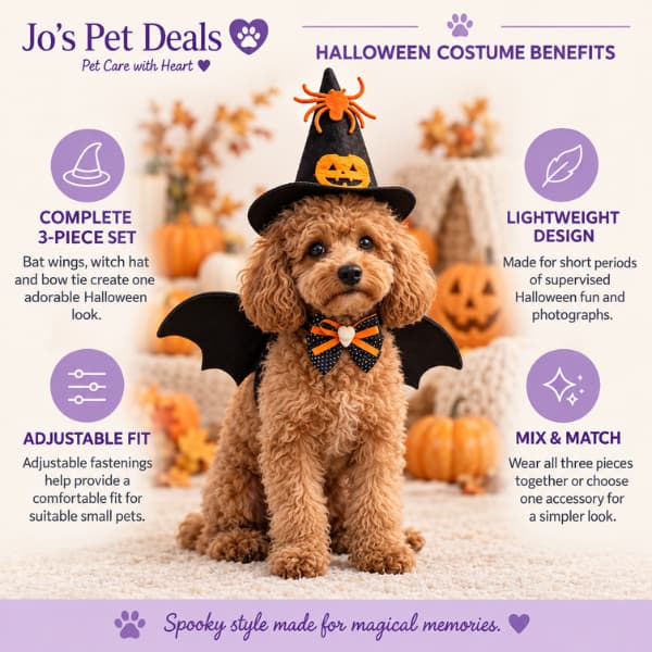 A small fluffy tan dog wearing a Halloween costume set in a cozy fall-themed setting. The set includes a witch hat with an orange spider accent, black bat wings, and an orange-and-black bow.