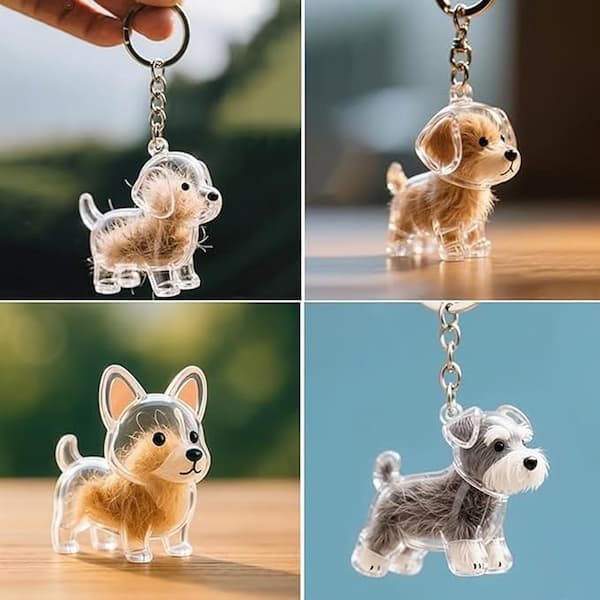Pet Hair Keepsake Keychain – Transparent jar pendant designed to store pet fur or whiskers, ideal memorial gift for dog and cat owners.