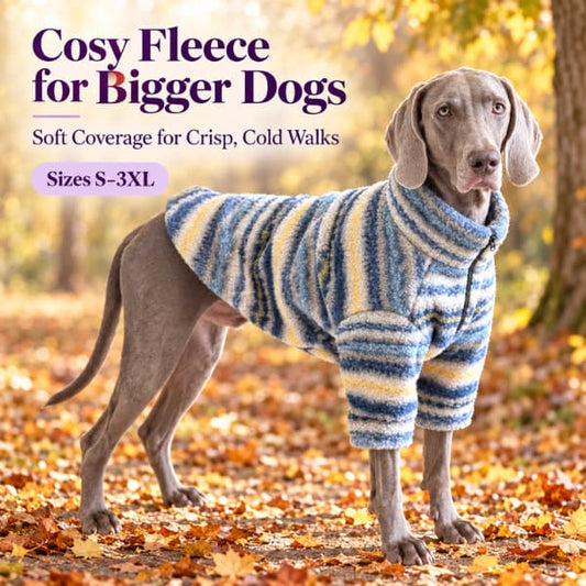 Large Weimaraner wearing a blue striped fleece jumper with front-leg sleeves on an autumn walk