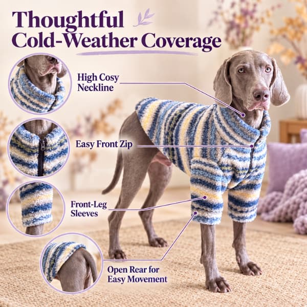 Large Weimaraner wearing a blue striped fleece jumper showing the high neckline, front zip, front-leg sleeves and open rear design