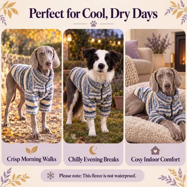 Large dogs wearing blue striped fleece jumpers on a crisp morning walk, during a chilly evening break and while resting indoors