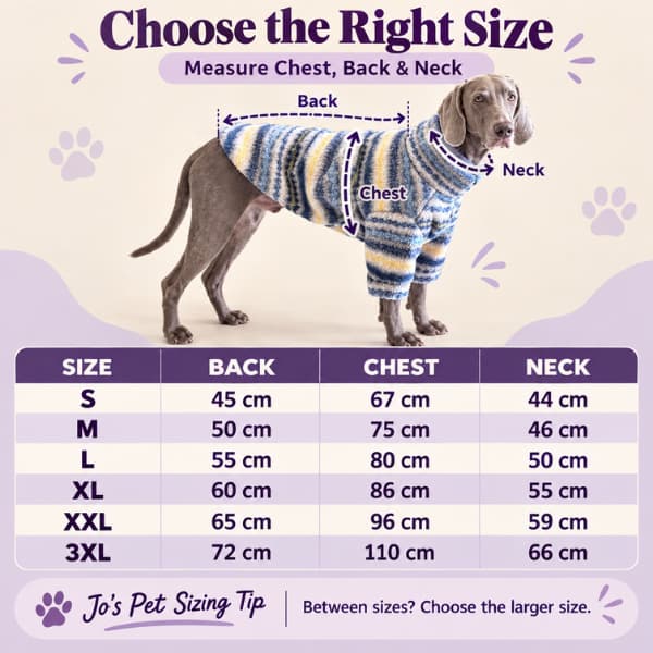 Large dog fleece jumper size guide showing back, chest and neck measurements for sizes S to 3XL