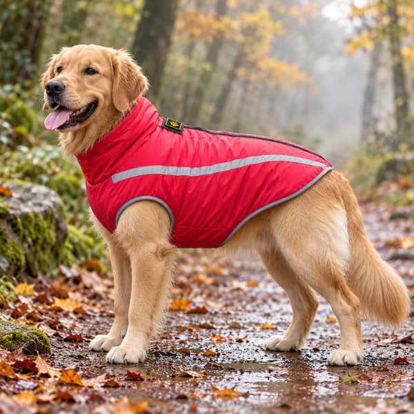 Golden Retriever wearing a red waterproof reflective fleece-lined dog coat on a wet autumn woodland walk