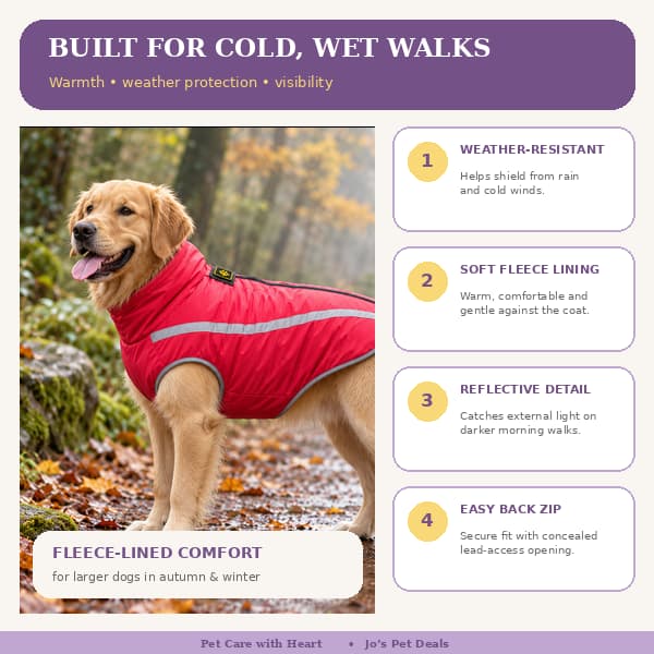 Golden Retriever wearing a red waterproof large dog coat beside benefits including fleece lining, reflective detail and back zip