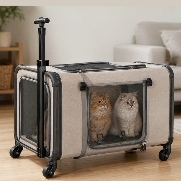 Large wheeled pet carrier for two cats with breathable mesh panels and foldable travel trolley design