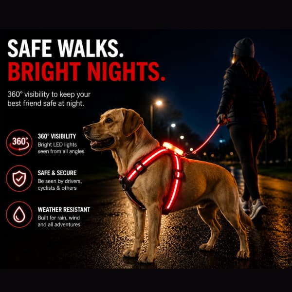 Nighttime dog walk with illuminated LED harness designed for safer evening walks and visibility