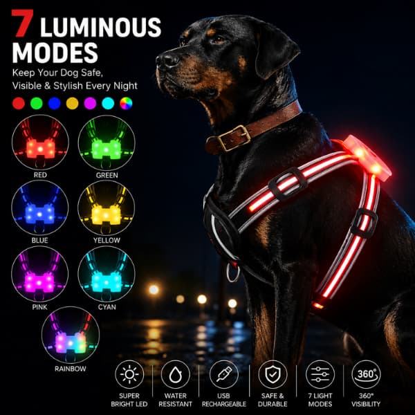 Black dog wearing rechargeable LED dog harness with seven luminous light modes for night walking safety